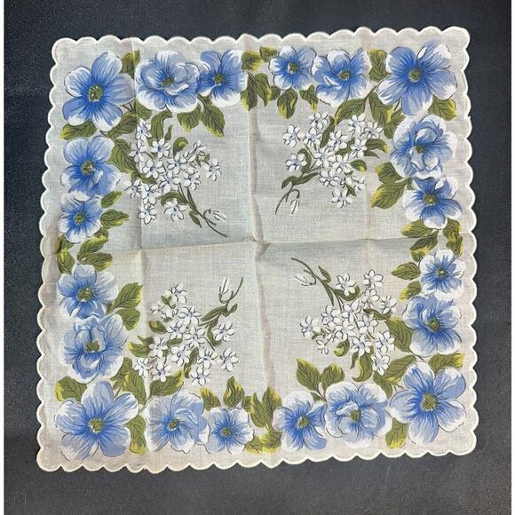 Vintage Dogwood Floral Cluster Blue And White Scalloped Edge Handkerchief 1960s - Picture 1 of 6